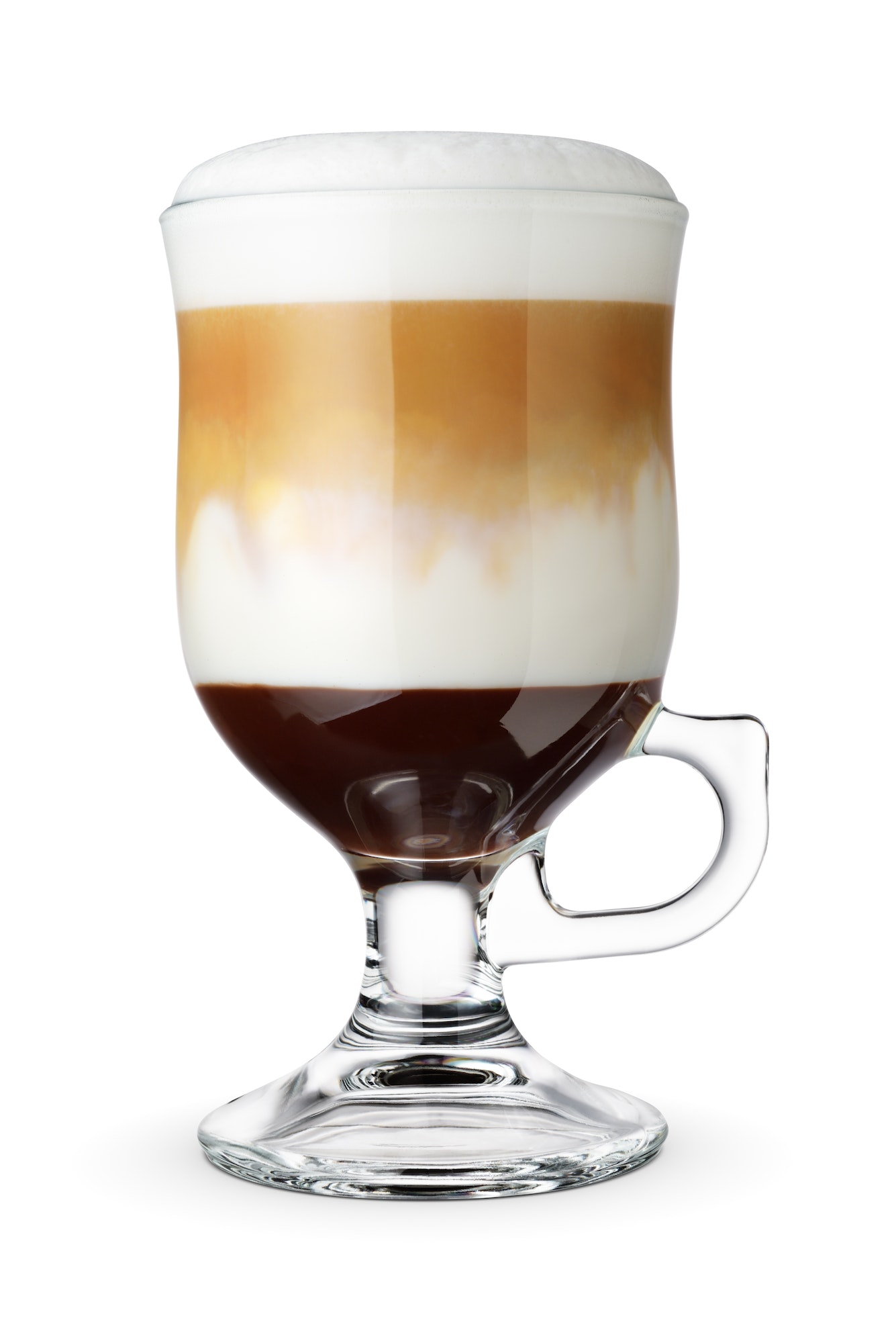 Glass of layered coffee mocaccino isolated on white.
