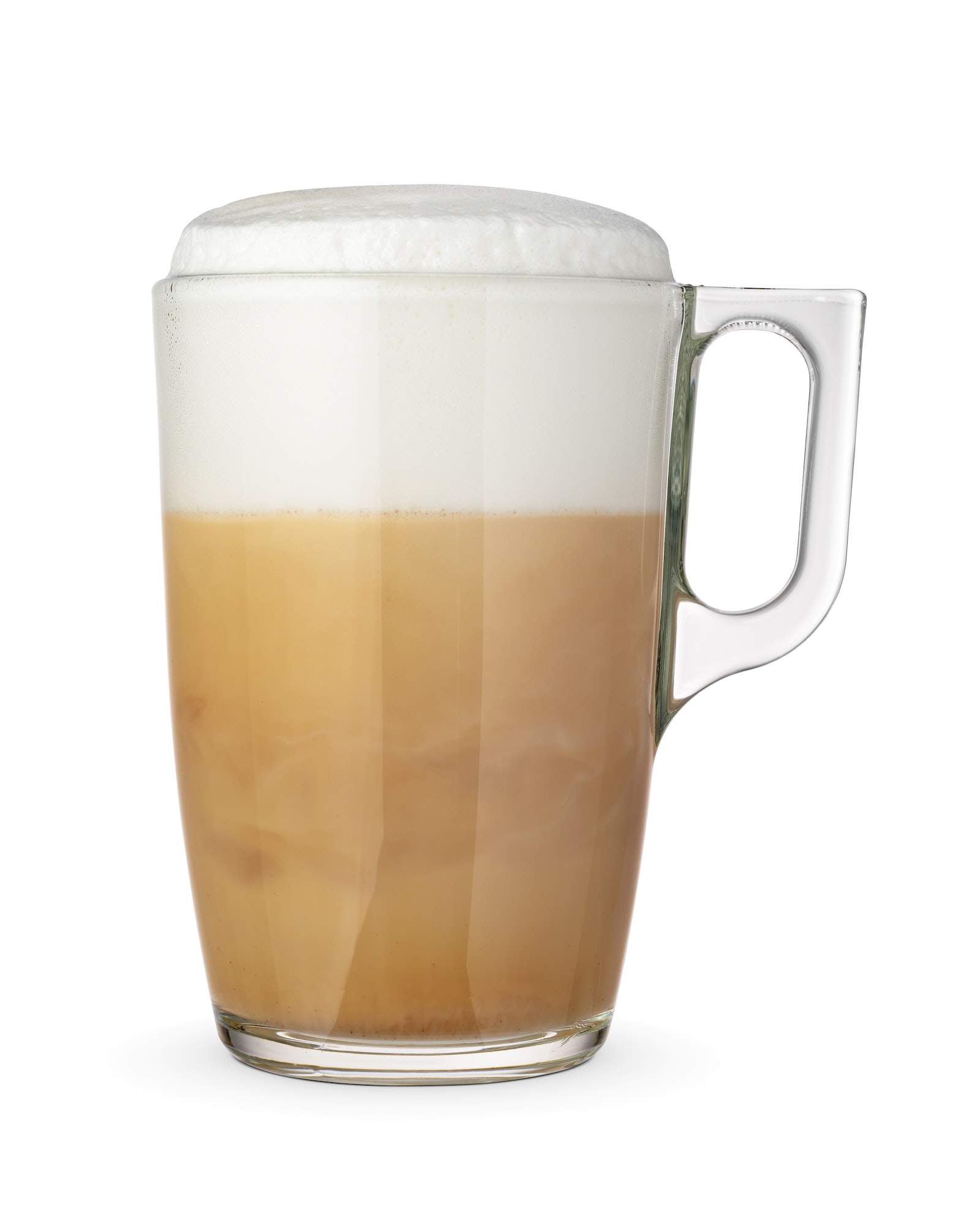 Transparent cup with cappuccino coffee isolated.